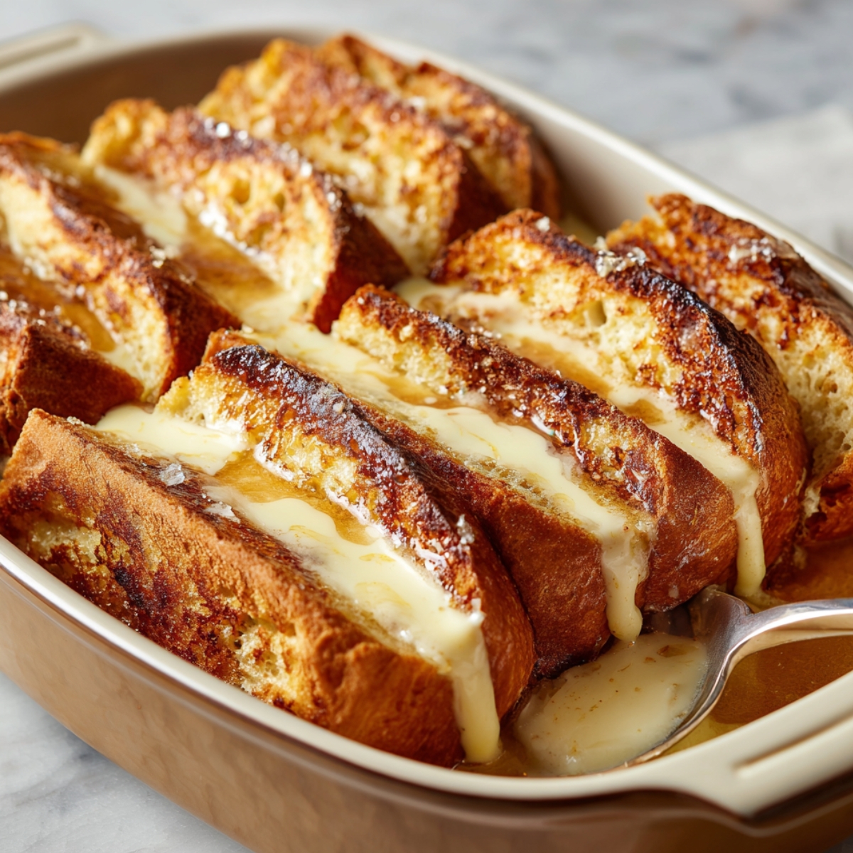 Slices of baked French toast arranged in a casserole dish, with creamy custard and caramel sauce drizzled between layers. The bread is golden brown with a soft, custardy interior and a caramelized crust.