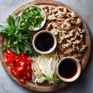 Sliced protein, such as chicken, beef, or tofu, laid out on a cutting board, ready for stir-fry."