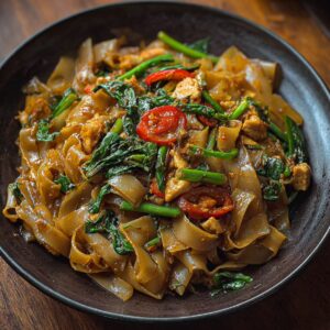 A plate of Thai-style Drunken Noodles Thai with wide rice noodles, chicken, red chili peppers, and basil.