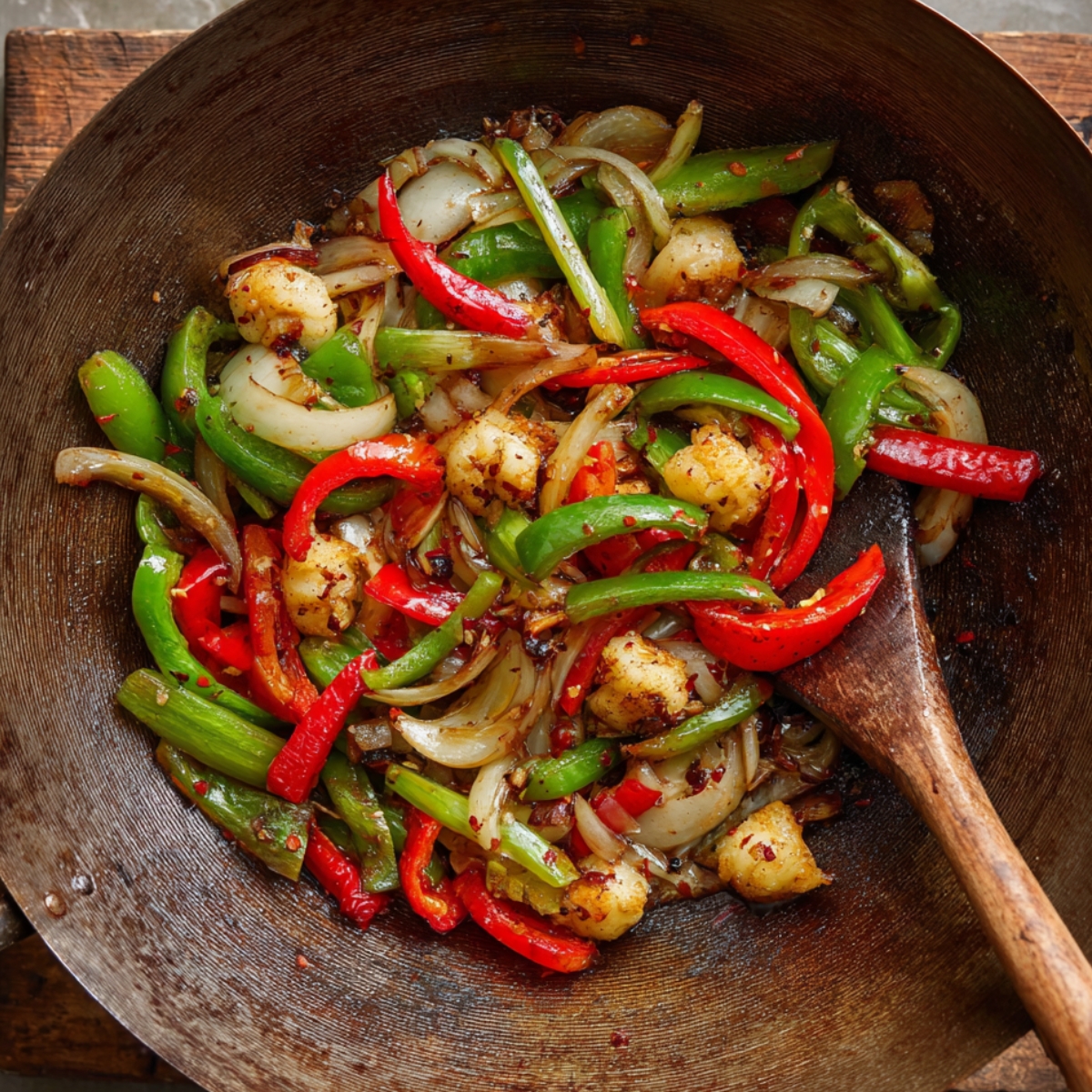 A large skillet or wok heating on high, with oil starting to smoke for stir-frying.