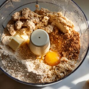 Close-up of a food processor bowl filled with brown sugar, butter, oats, flour, and egg yolk for making the crumble base.