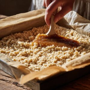 A hand spreading thick fig jam over a crumbly oat crust in a baking pan lined with parchment paper.