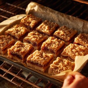 Golden fig crumble bars fresh from the oven, baked on parchment paper in a tray, with a hand gently lifting the edge.
