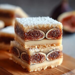Two stacked fig bars showing layers of shortbread crust and fig filling, dusted with powdered sugar on a wooden board.