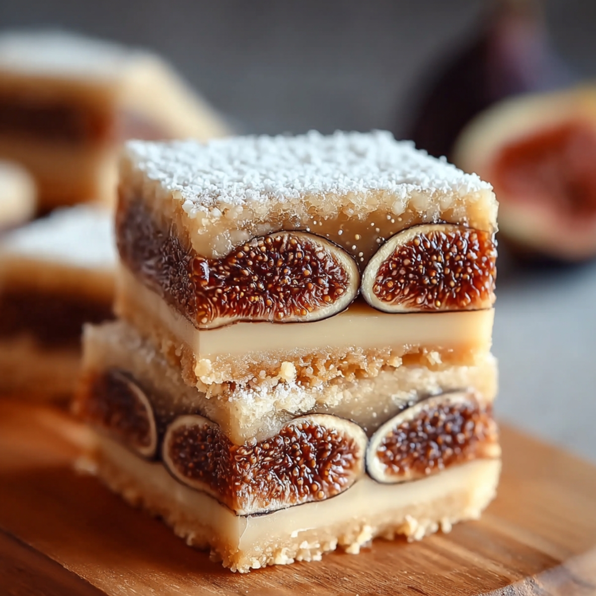 Two stacked fig bars showing layers of shortbread crust and fig filling, dusted with powdered sugar on a wooden board.