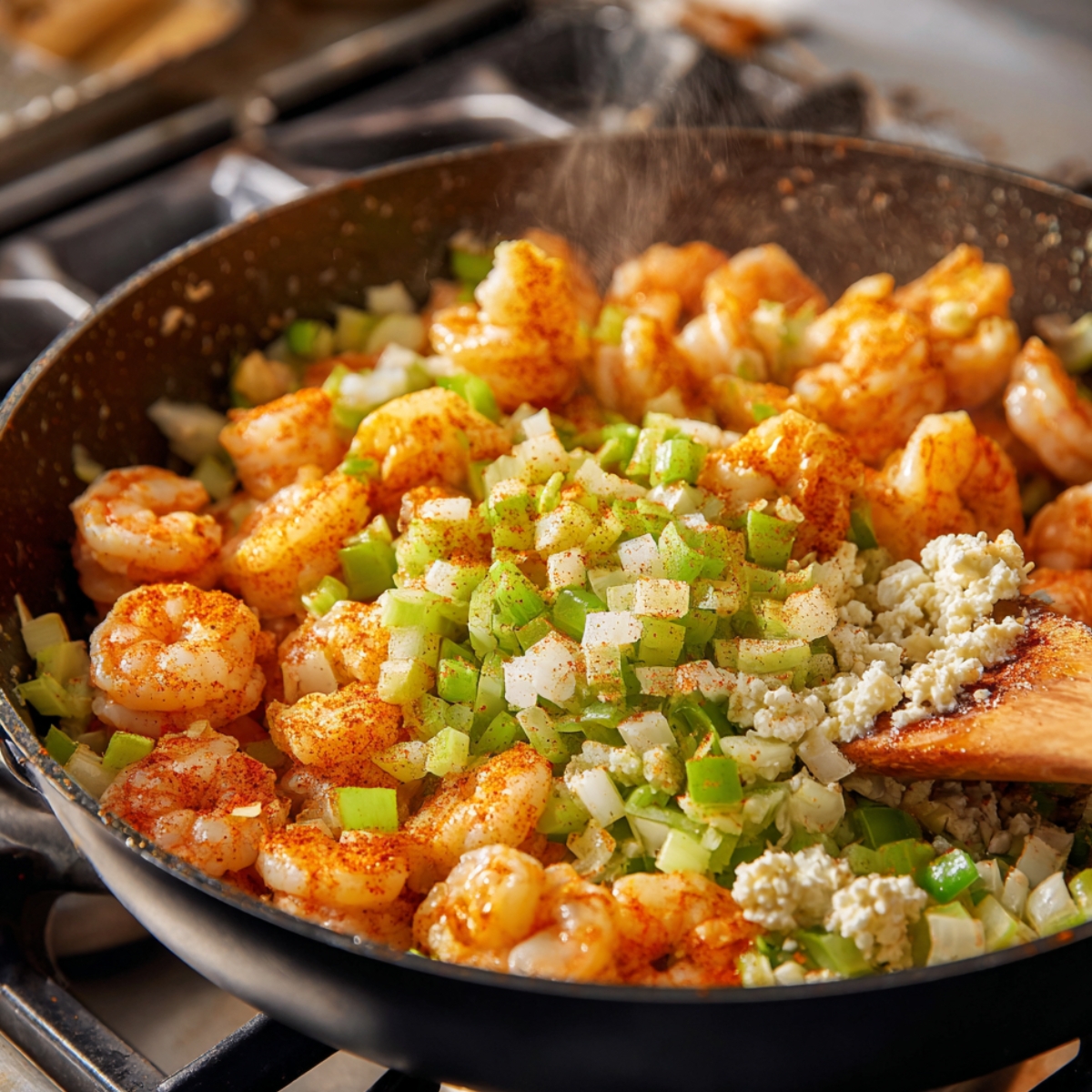Skillet on the stove with shrimp cooking alongside diced onions and green bell peppers, being prepared for pie filling