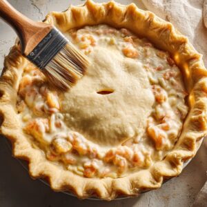 Unbaked pie being brushed with egg wash before baking, filled with a creamy shrimp mixture under a top crust.