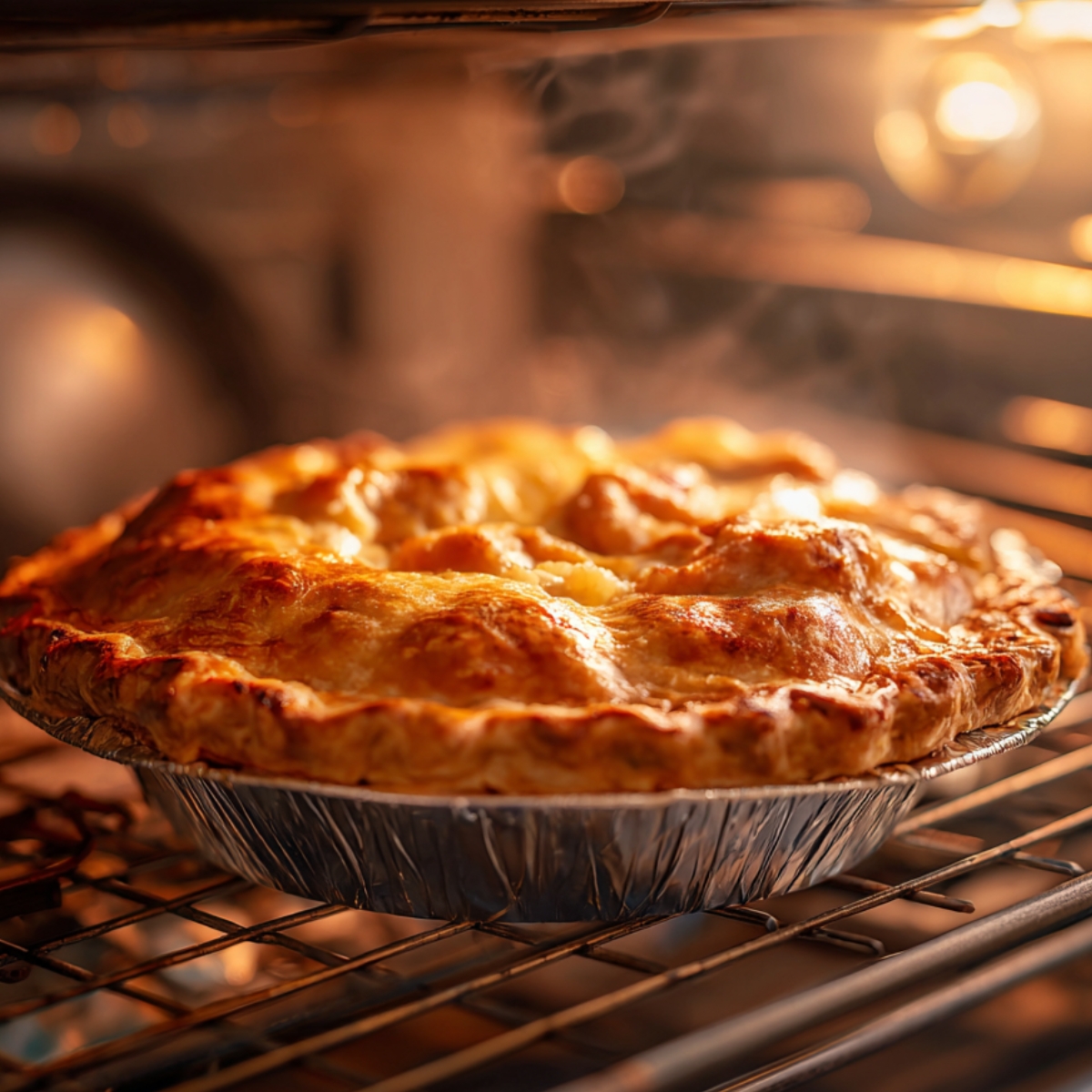 Shrimp pie baking in the oven with a golden brown flaky crust and steam rising from the pan.