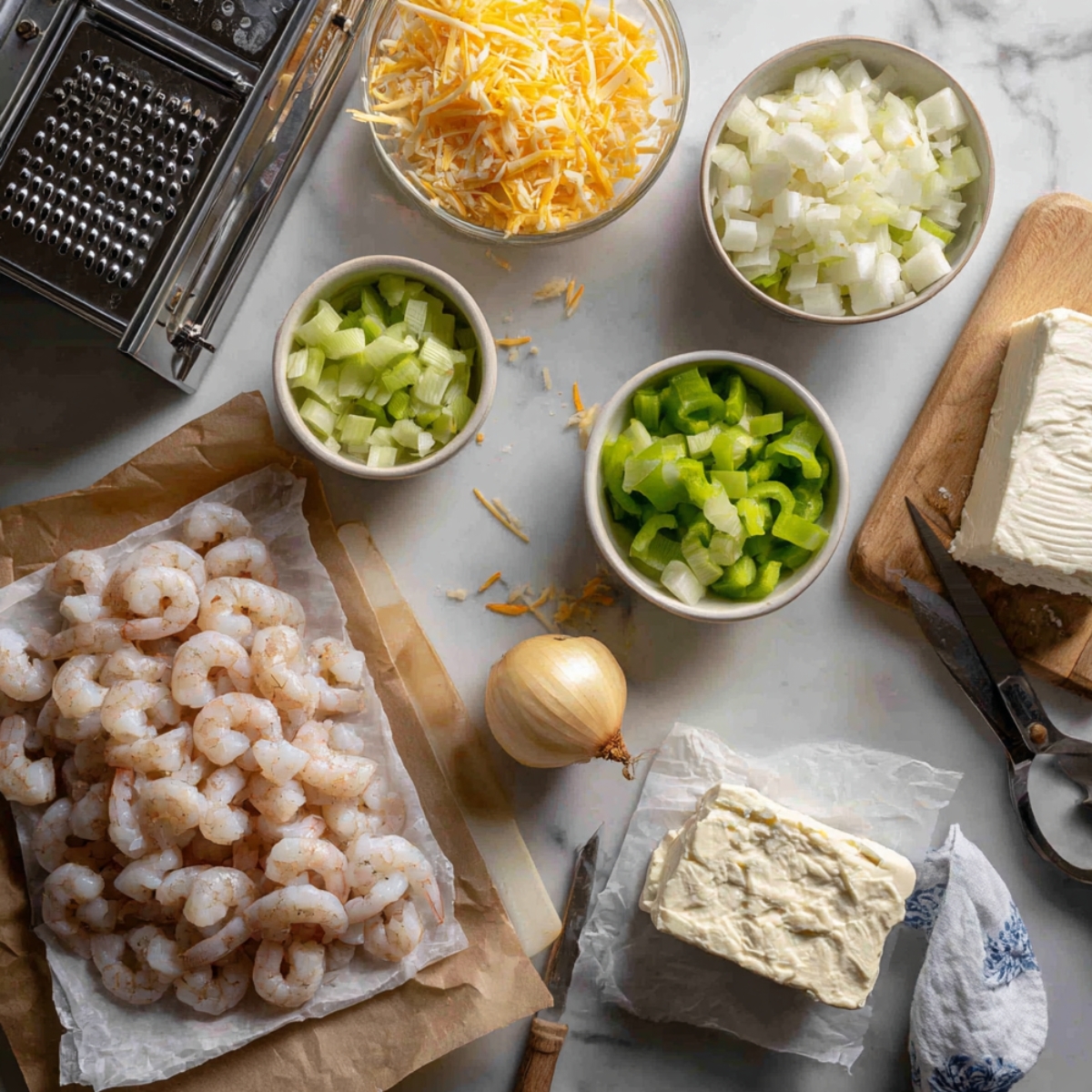 Overhead shot of shrimp pie ingredients including raw shrimp, shredded cheese, celery, onions, green peppers, cream cheese, and butter.