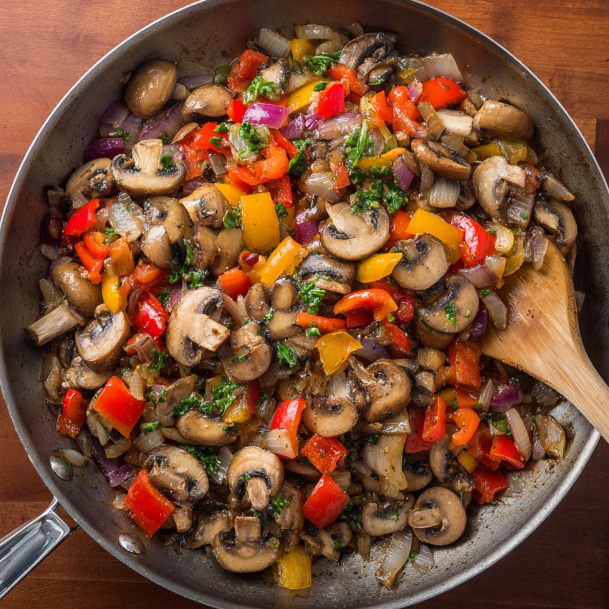 A sautéed vegetable mix of mushrooms, bell peppers, onions, and herbs in a skillet, likely part of the preparation for an omelette or frittata.