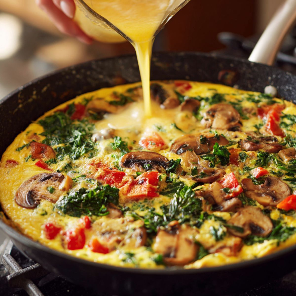 An omelette or frittata is being prepared, with ingredients like mushrooms, spinach, and red peppers being poured with a mixture of eggs.