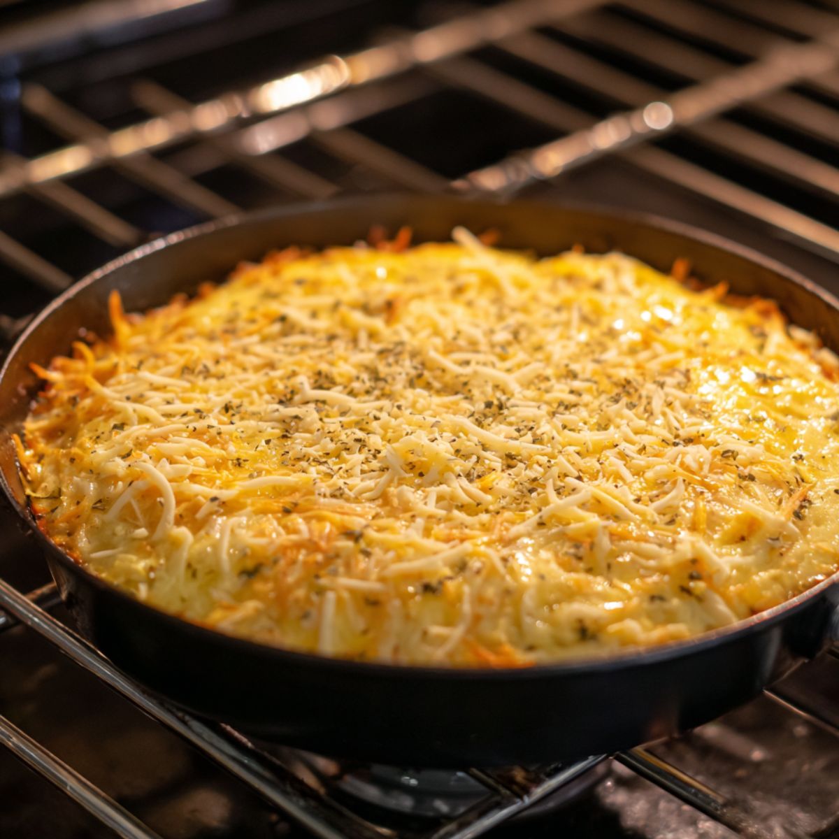 A dish is being baked in an oven, showing a golden cheesy topping, likely a casserole or a pizza-style dish with melted cheese on top.