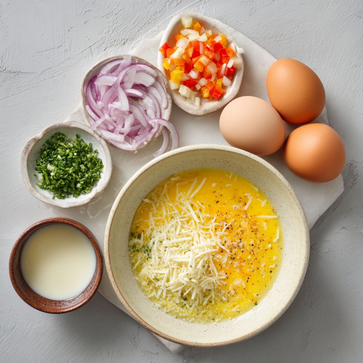 A bowl with a mixture of eggs, cheese, and seasonings alongside sliced vegetables, including onions, red and yellow peppers, and eggs, ready for cooking.