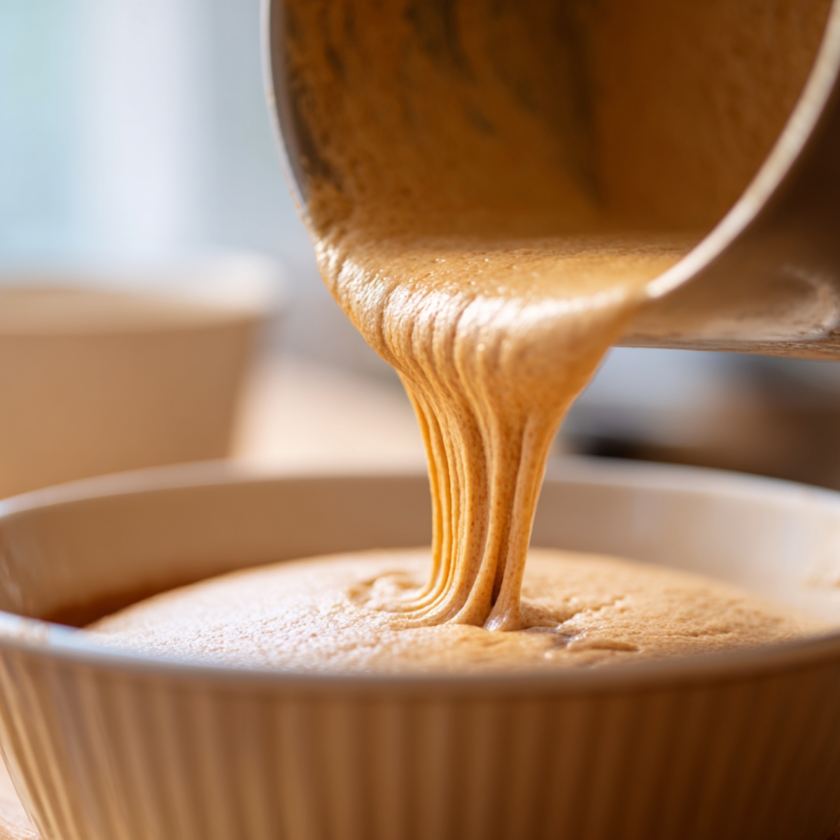 A bowl of cake batter being poured into a baking pan, its smooth, creamy texture flowing into the container, ready to bake into a perfect sponge cake.