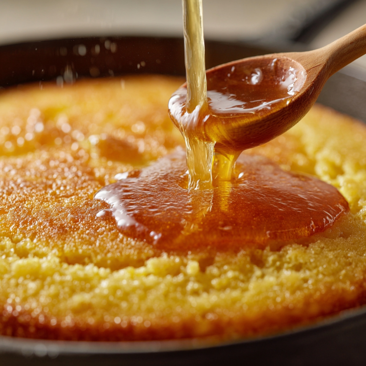 Warm cake being drenched with a golden syrup, soaking into the soft sponge, adding moisture and sweetness to every layer.