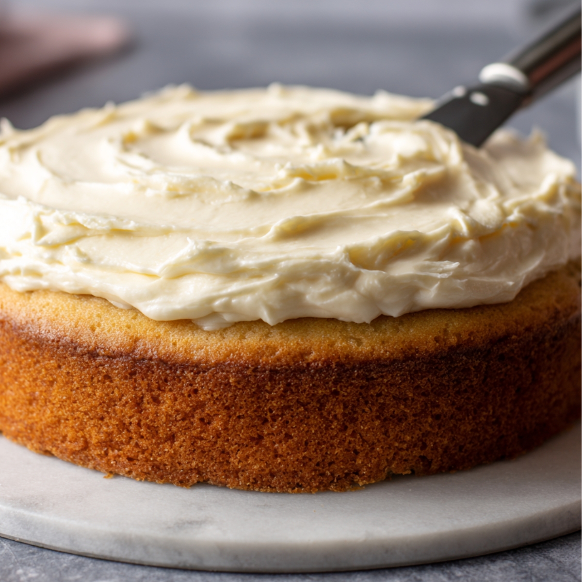 A freshly baked cake being frosted with a smooth, creamy buttercream. The frosting is being carefully spread over the top, creating a fluffy and inviting texture.