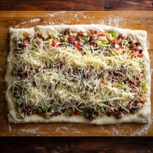 A person rolling out pizza dough into a 12x14-inch rectangle on a floured surface, ready to be filled with toppings for a savory pastry or pizza.