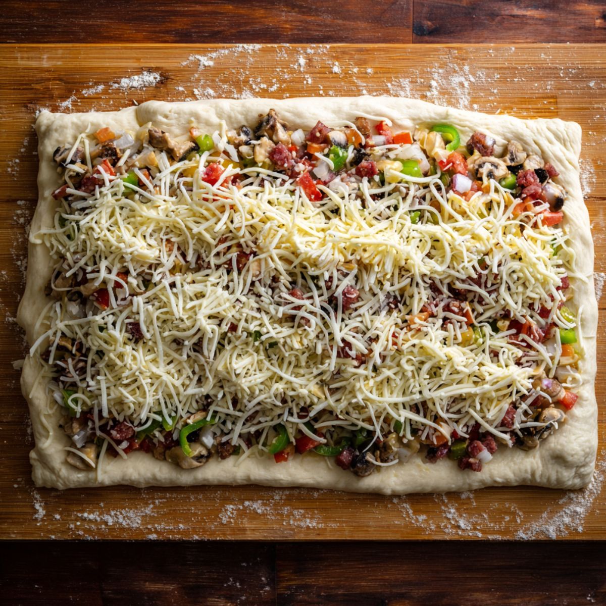 A person rolling out pizza dough into a 12x14-inch rectangle on a floured surface, ready to be filled with toppings for a savory pastry or pizza.