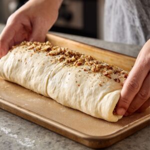 A person folding the long sides of pizza dough over the filling, preparing it for baking. The dough is gently sealed to hold the ingredients inside.