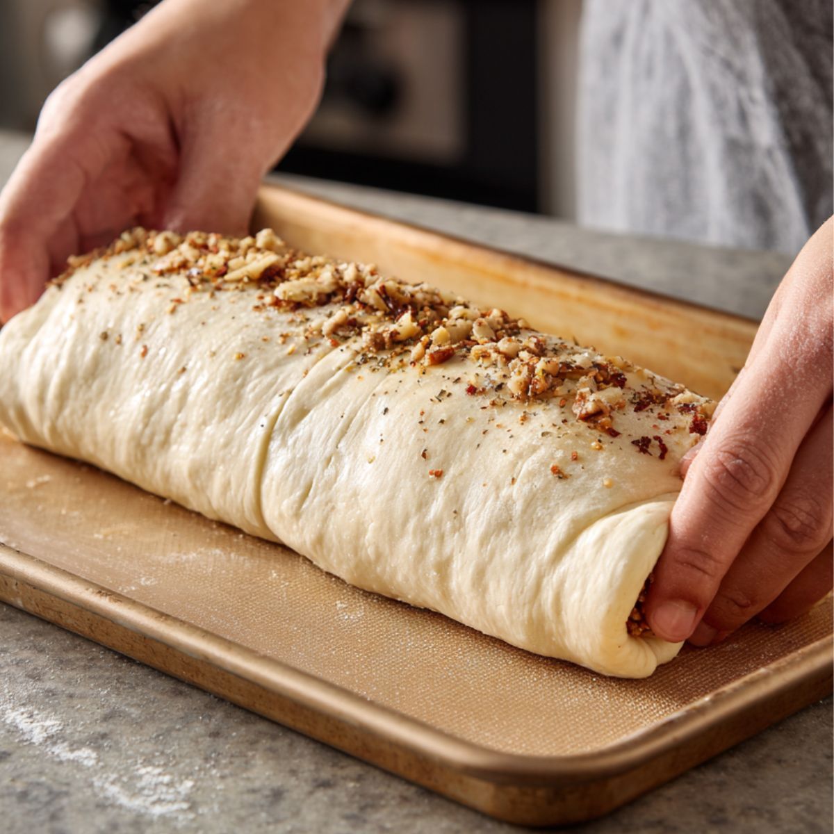 A person folding the long sides of pizza dough over the filling, preparing it for baking. The dough is gently sealed to hold the ingredients inside.