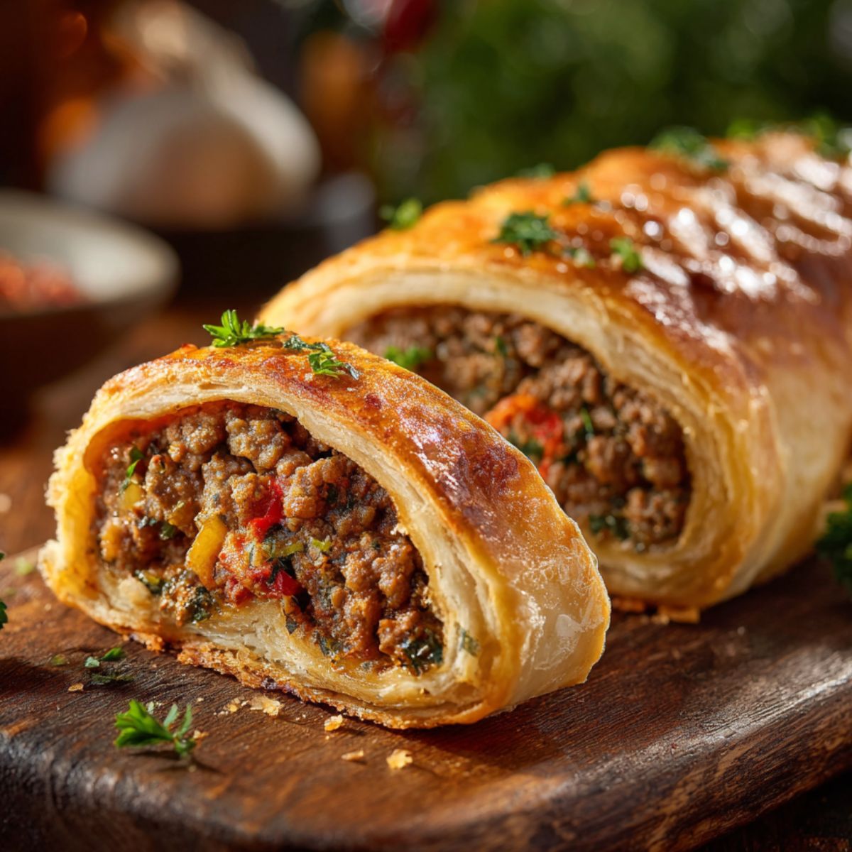 Close-up of a Garbage Bread, flaky pastry roll filled with seasoned ground beef, green peppers, and cheese. The top of the roll is garnished with sesame seeds, showcasing a delicious, savory filling.