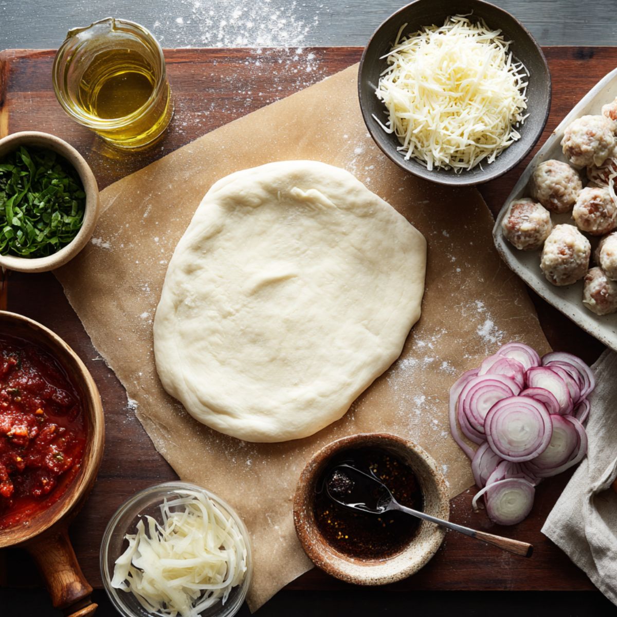 A pizza station is being prepared with various ingredients like olive oil for brushing, alongside the dough and other toppings, while the oven is preheated to 375°F.
