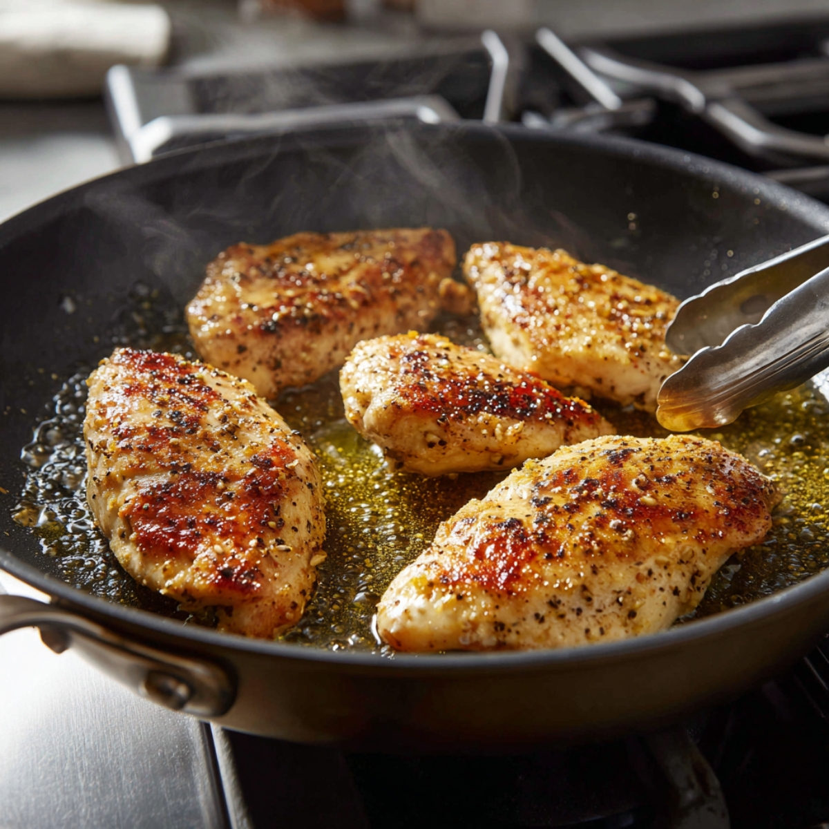 Chicken breasts searing in a skillet with olive oil, forming a golden crust while being turned with tongs.