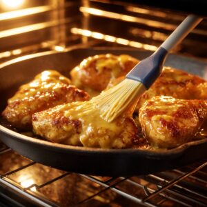 Chicken breasts baking in the oven, being coated with creamy honey mustard sauce using a silicone brush in a cast-iron pan.