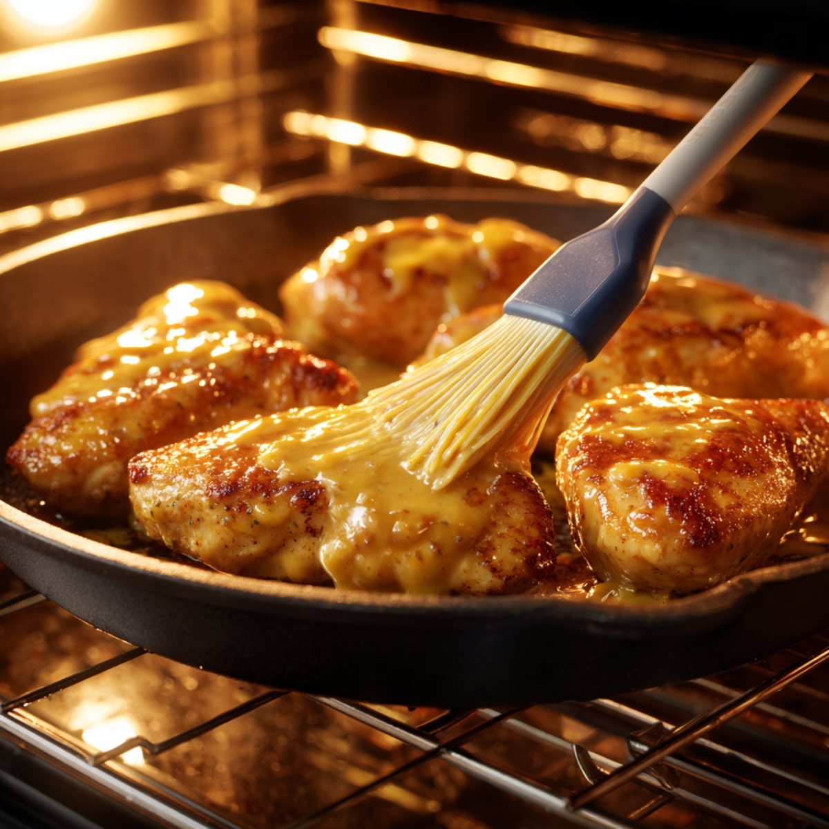 Chicken breasts baking in the oven, being coated with creamy honey mustard sauce using a silicone brush in a cast-iron pan.