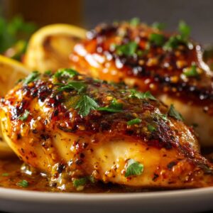 Close-up of baked honey mustard chicken on a plate, topped with fresh parsley and served with lemon slices.