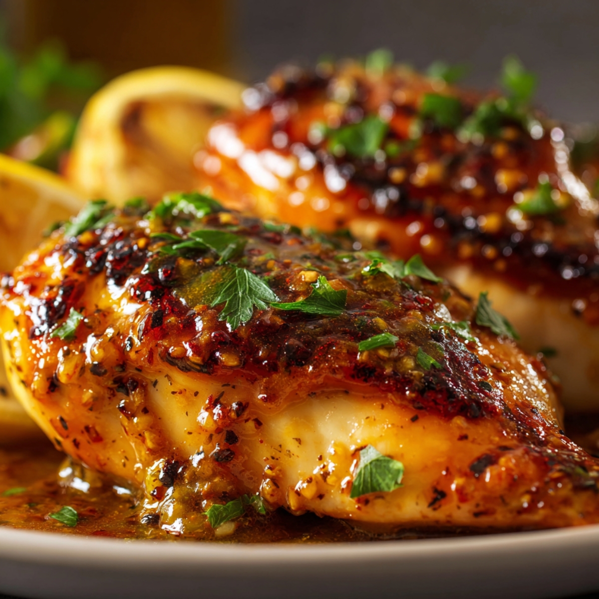 Close-up of baked honey mustard chicken on a plate, topped with fresh parsley and served with lemon slices.