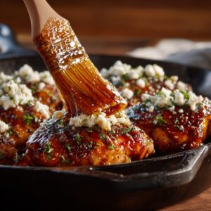 "A close-up of golden-brown chicken in a cast-iron skillet being brushed with a glossy honey glaze and sprinkled with crumbled feta cheese and fresh herbs."