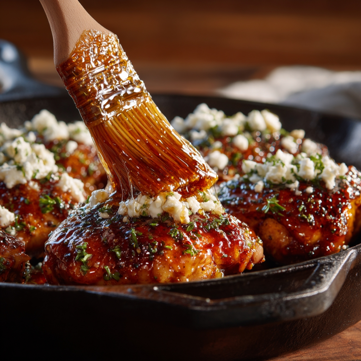 "A close-up of golden-brown chicken in a cast-iron skillet being brushed with a glossy honey glaze and sprinkled with crumbled feta cheese and fresh herbs."