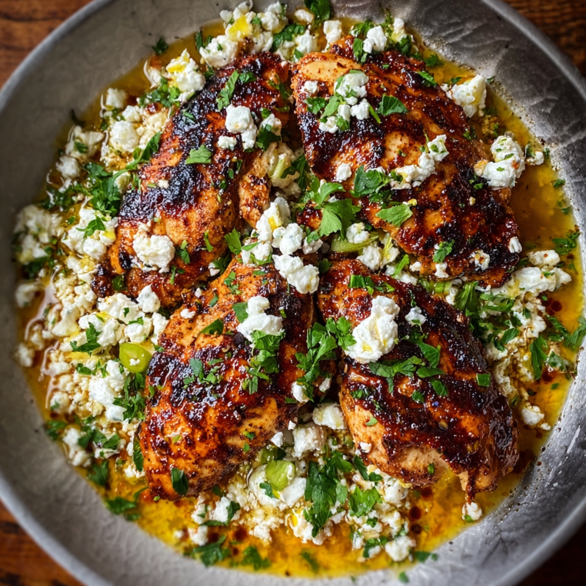 "A bowl filled with golden grilled chicken breasts topped with feta cheese, chopped parsley, and honey glaze, surrounded by a savory sauce."
