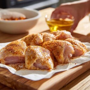 "Raw chicken pieces seasoned with spices on a wooden board, with a hand reaching for a bowl of olive oil in a bright kitchen setting."