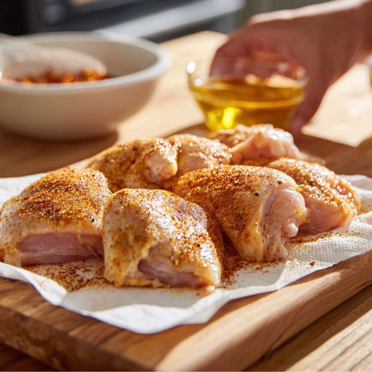"Raw chicken pieces seasoned with spices on a wooden board, with a hand reaching for a bowl of olive oil in a bright kitchen setting."