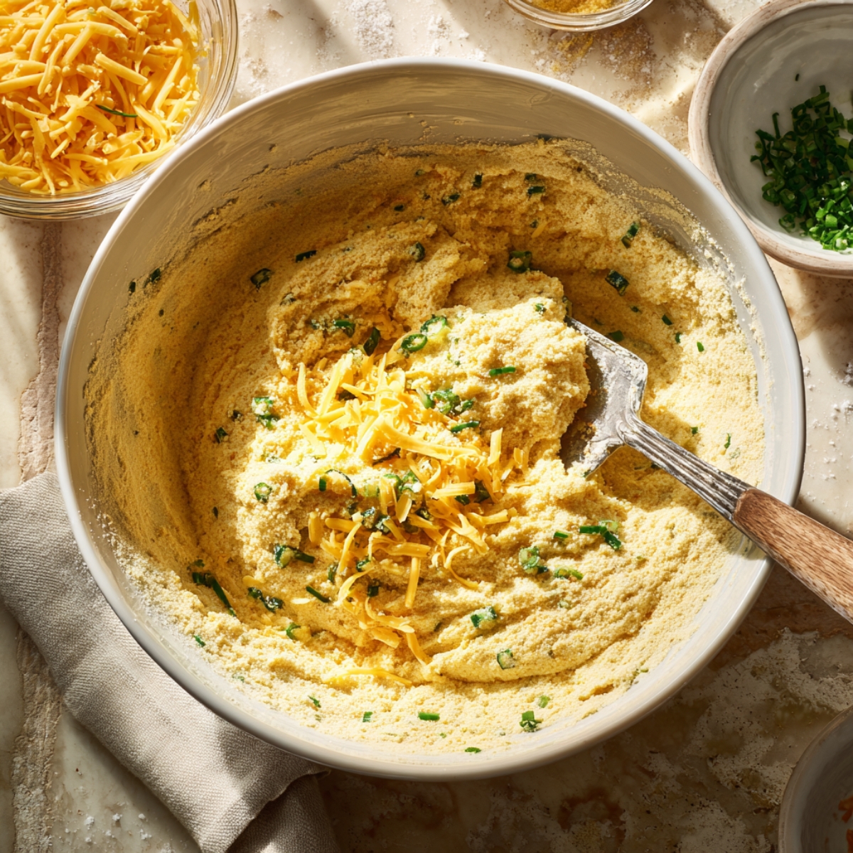 A mixing bowl filled with cornbread batter, shredded cheddar cheese, and chopped green jalapeños, with a spatula resting on the side in a warm kitchen setting.