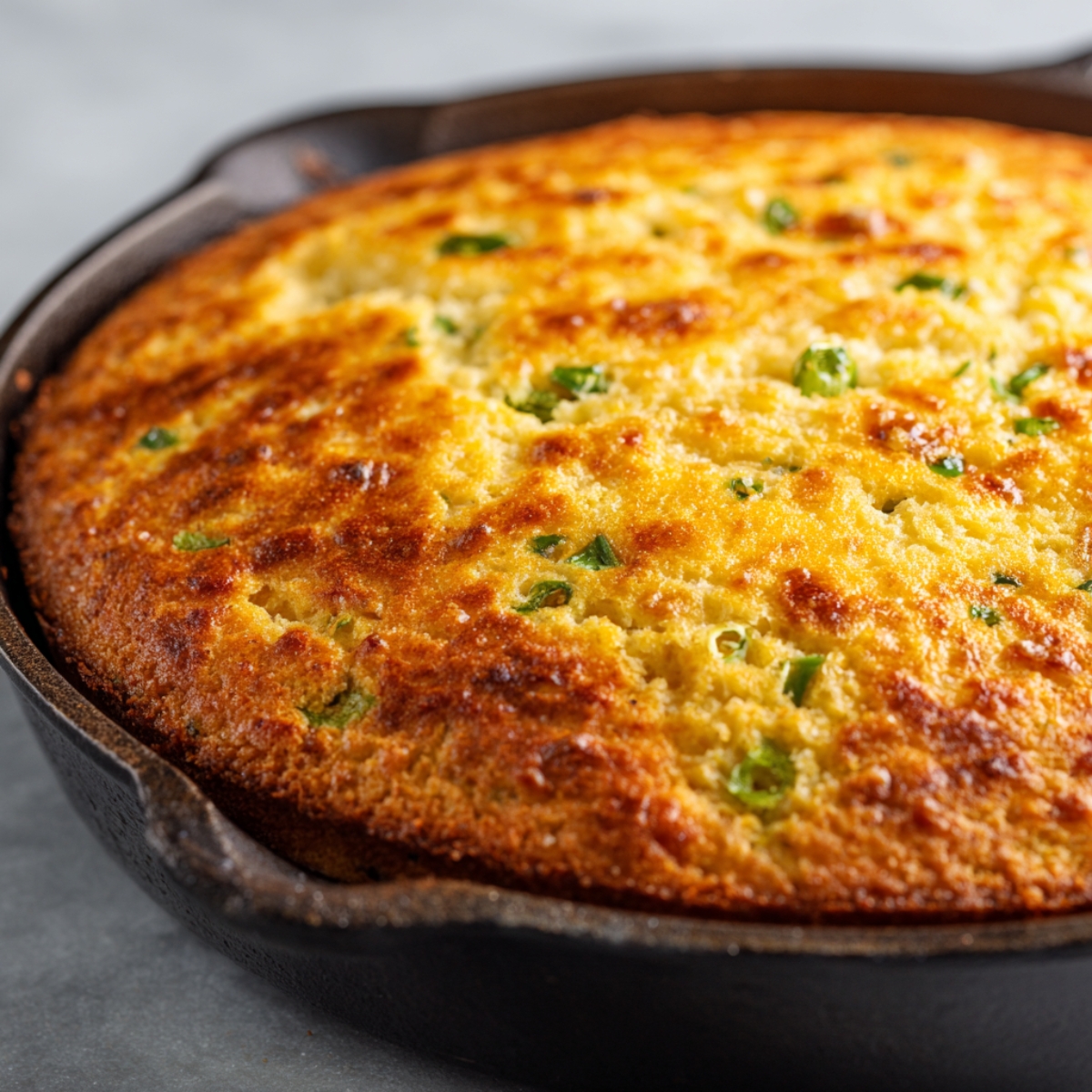A close-up of freshly baked jalapeño cheddar cornbread in a cast-iron pan, with a golden, crispy crust and flecks of green jalapeño visible throughout.