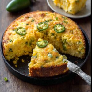 A golden jalapeño cheddar cornbread in a cast-iron skillet, topped with sliced green jalapeños and cut into wedges, with a serving piece being lifted.