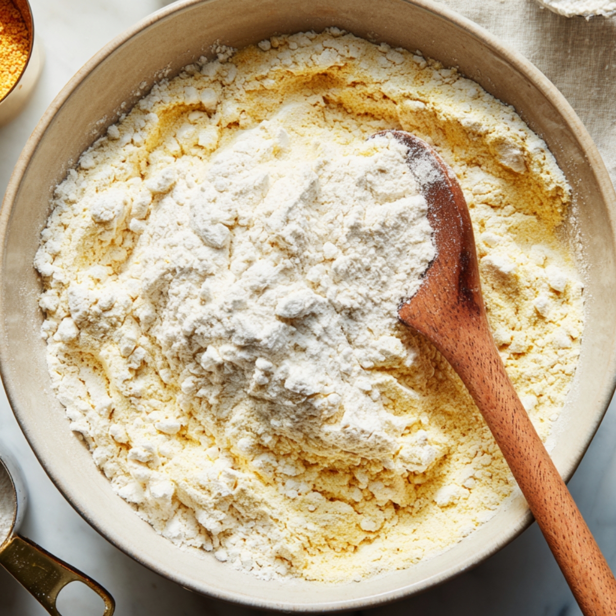 A bowl containing a mixture of flour and cornmeal with a wooden spoon, surrounded by small bowls of dry ingredients like baking powder and extra cornmeal on a marble countertop.