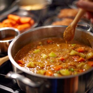 A pot of Japanese curry simmering on the stove, filled with diced carrots, potatoes, and onions, as someone stirs the thick, aromatic sauce.