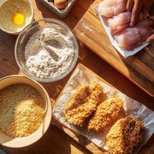 A preparation scene on a wooden countertop showing chicken breasts, flour, beaten eggs, and breadcrumbs arranged for breading, with partially coated cutlets ready to fry.