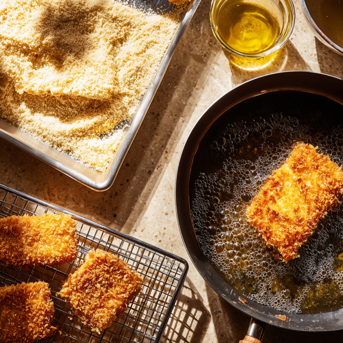 A cooking scene showing pieces of breaded meat being fried in a pan of hot oil, with a tray of panko breadcrumbs and fried cutlets cooling on a rack nearby.