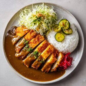 A bowl of Japanese katsu curry with crispy breaded chicken cutlets sliced neatly, served with white rice, rich brown curry sauce, and halved cherry tomatoes garnished with chopped herbs.