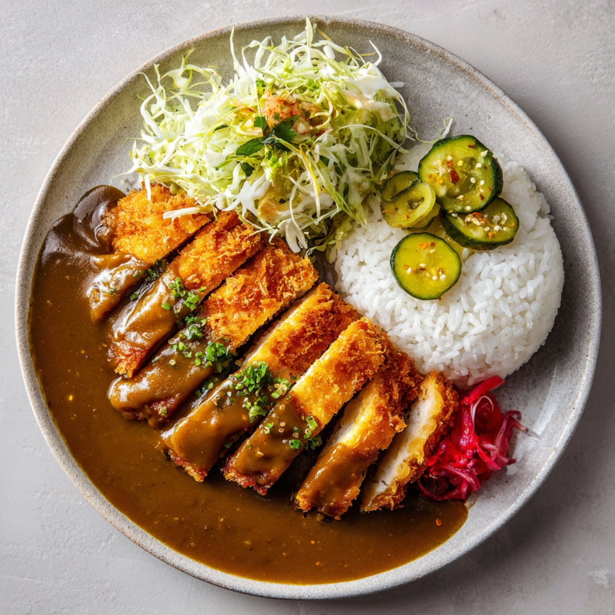 A bowl of Japanese katsu curry with crispy breaded chicken cutlets sliced neatly, served with white rice, rich brown curry sauce, and halved cherry tomatoes garnished with chopped herbs.
