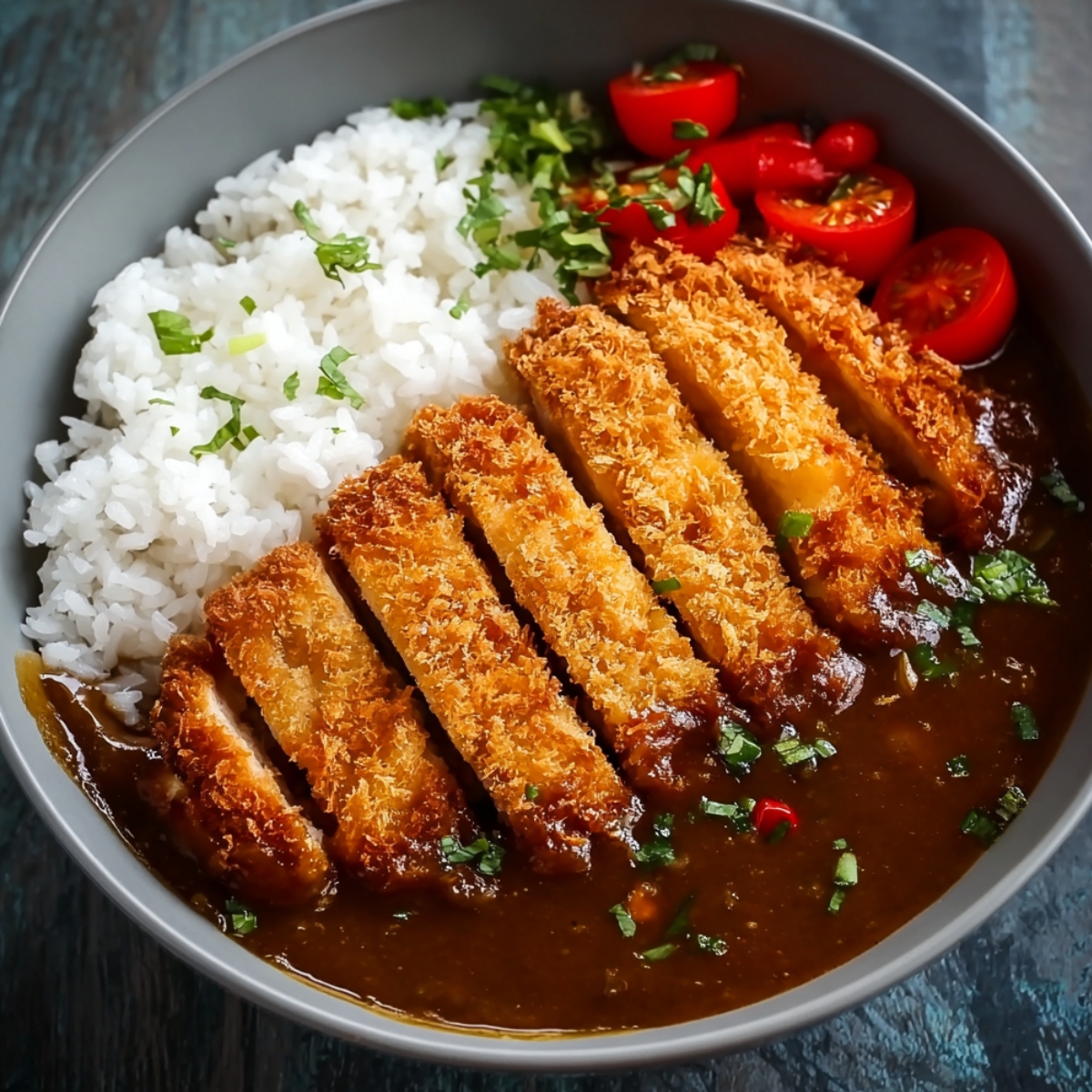 A bowl of Japanese katsu curry with crispy breaded chicken cutlets sliced neatly, served with white rice, rich brown curry sauce, and halved cherry tomatoes garnished with chopped herbs.