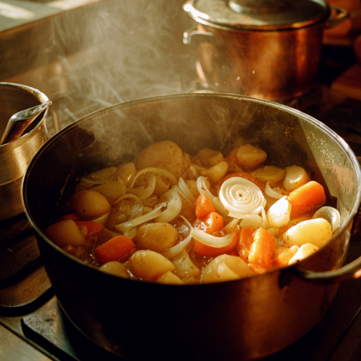A cozy kitchen scene with sunlight streaming over a pot of curry cooking on the stove, filled with onions, carrots, and potatoes releasing steam.