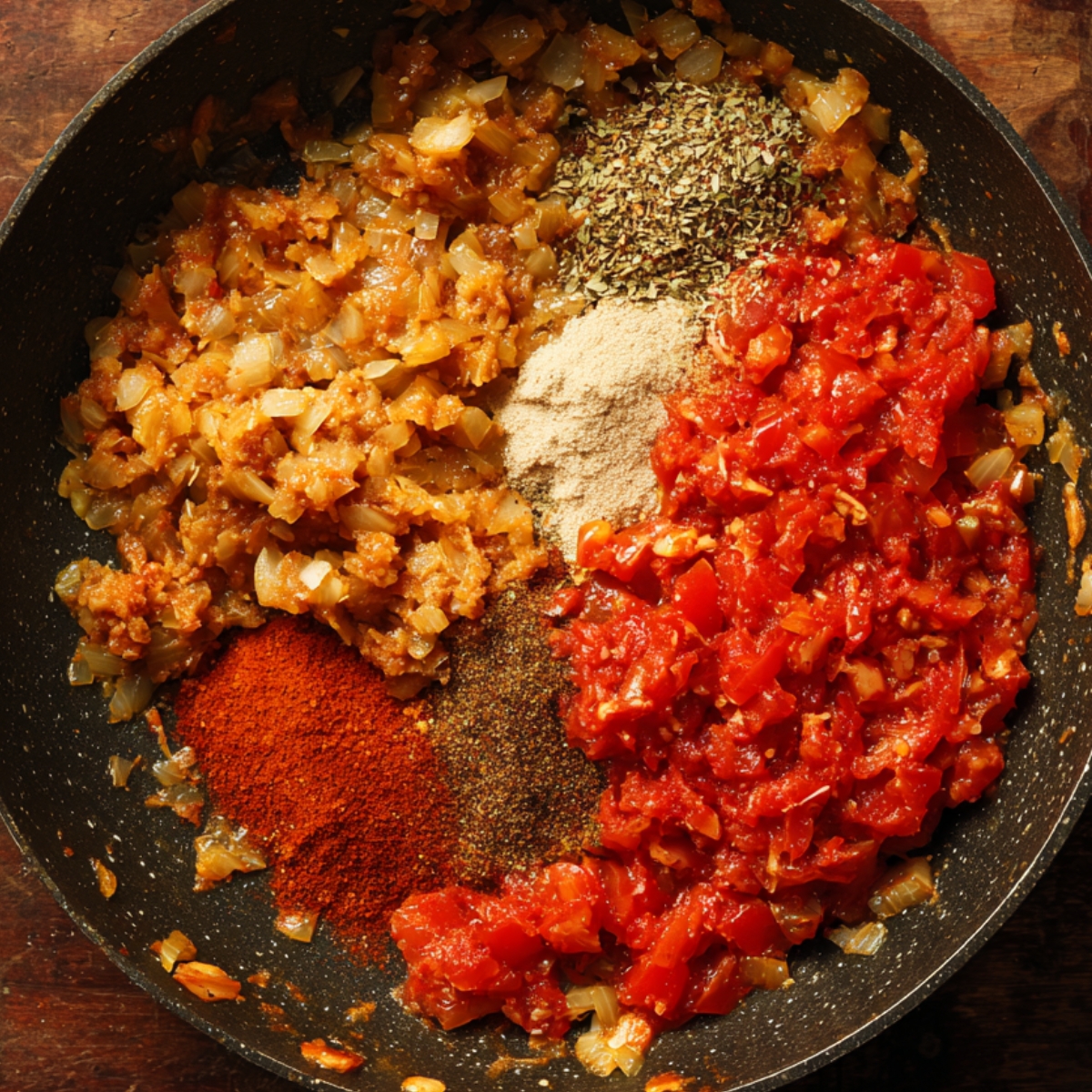 A pan showing diced onions, various spices, and tomatoes being cooked together for a curry base.