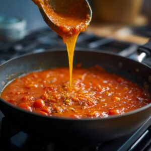 A close-up of tomato gravy being poured into a pan from a ladle.