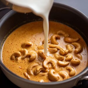 A pan showing cashews being added to a creamy mixture with milk being poured in.